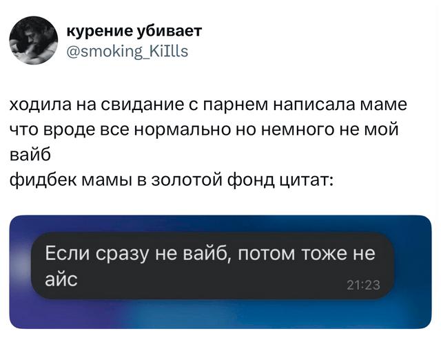 Скриншот из переписки и комментарий мамы о вайбе, изображение с текстовым фрагментом, финальная шутка в подборке недели.