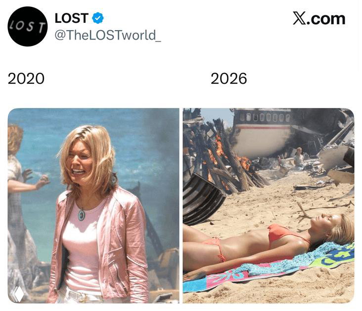 Коллаж-мем в твите LOST: сравнение 2020 и 2026 — слева пляжная сцена с женщиной лежащей на полотенце, справа разрушенная пляжная зона; интерфейс X виден.