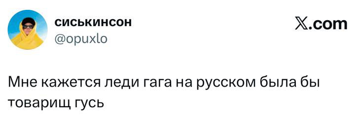 Скриншот твита с короткой шуткой о том, как могла бы звучать Леди Гага по‑русски, видно аватар и интерфейс X.