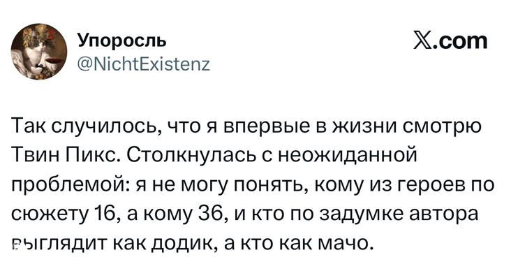 Скриншот твита с обсуждением сериала «Твин Пикс», пользователь делится впечатлениями и проблемой различения возрастов героев.
