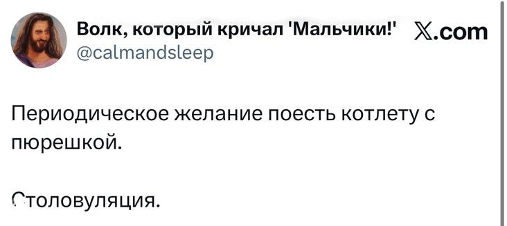 Скриншот твита с короткой шуткой про периодическое желание есть котлету с пюре, минималистичный интерфейс X и ник автора.