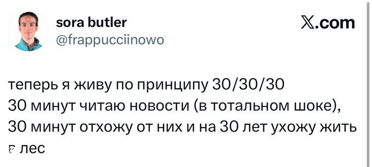 Скриншот твита о принципе 30/30/30: шутливое правило жизни и ухода от новостей, видно текст и аватар пользователя.