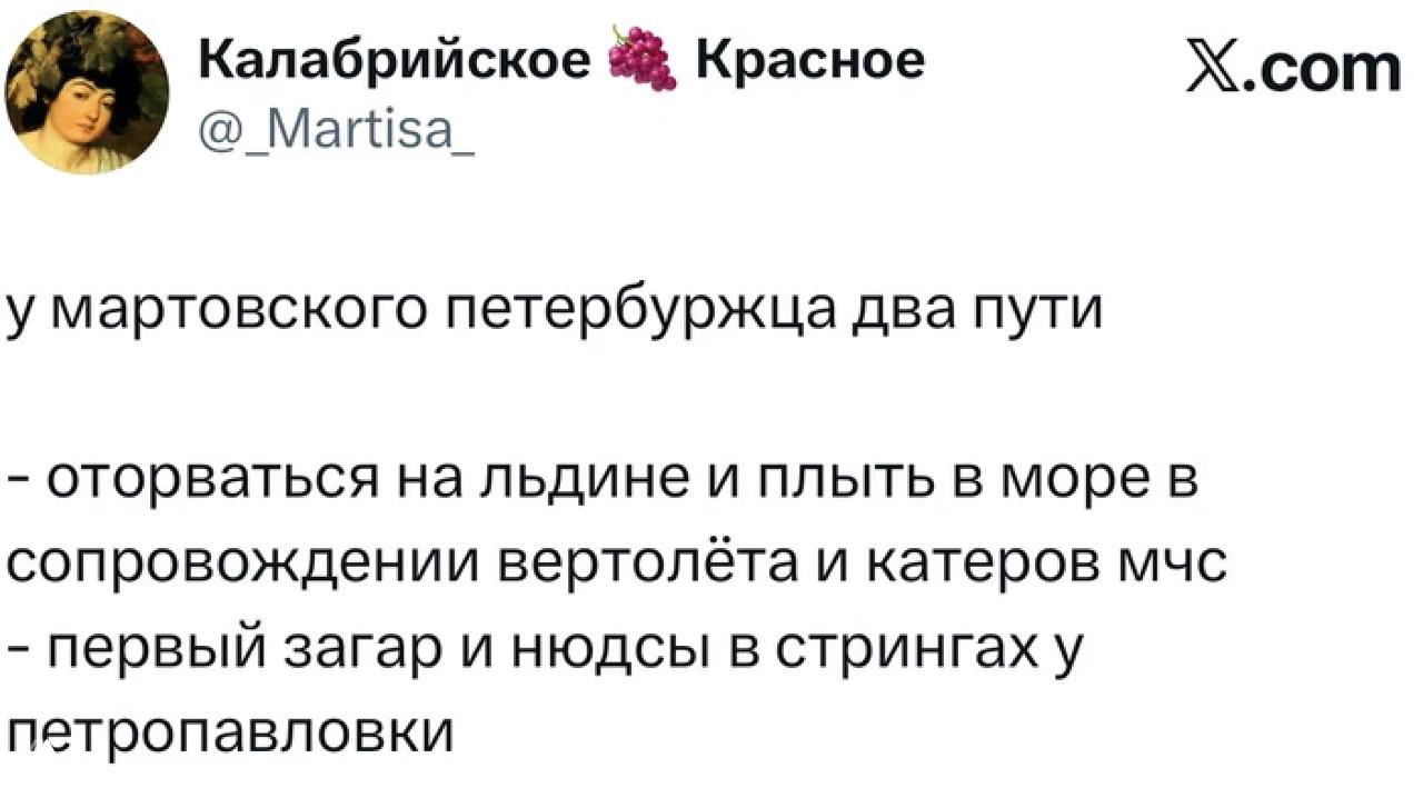 Скриншот твита про мартовского петербуржца и два пути жизни в виде списка — изображение с ником и текстом на белом фоне.