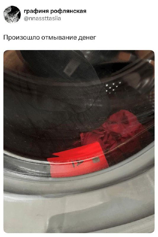 Скриншот твита с фото стиральной машины, внутри которой видна красная вещь и подпись о «отмывании денег» в шутливом смысле.
