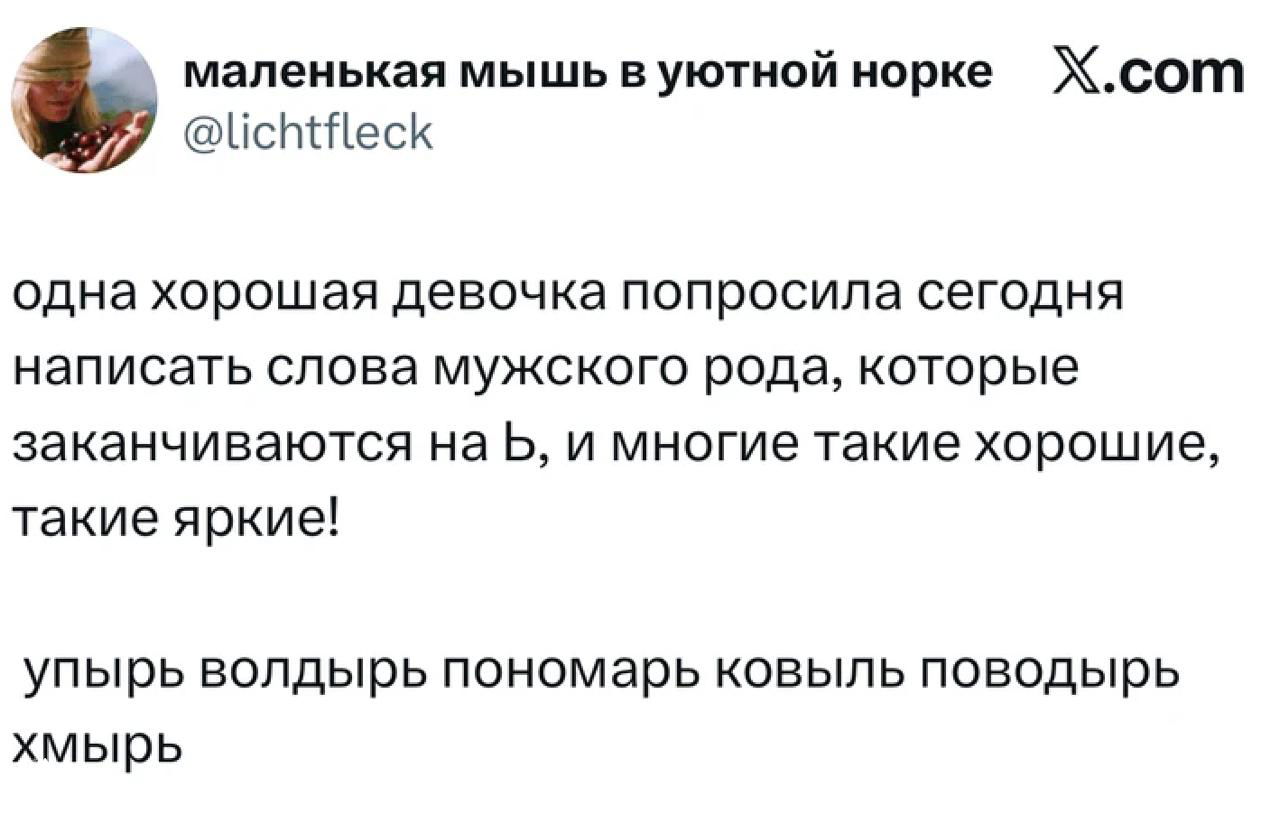 Скриншот твита с заданием написать редкие слова мужского рода на мягкий знак и перечислением необычных слов — виден ник и текст.
