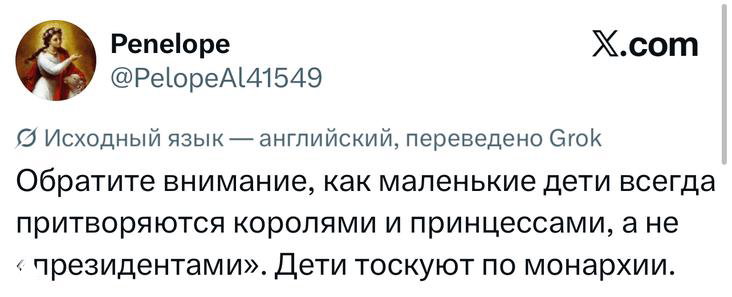 Скриншот твита о том, как дети притворяются королями и принцессами; видно аватар, перевод и текст в интерфейсе X.