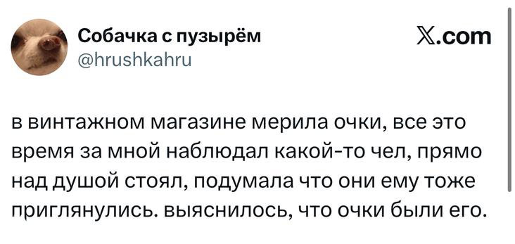 Скриншот твита о мужчине, примеряющем очки в винтажном магазине: краткий рассказ наблюдателя и смешная развязка в тексте поста.