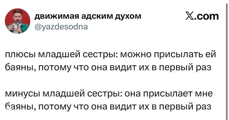 Скриншот твита с текстом про плюсы и минусы младшей сестры: формат короткой шутки-антагонизма, белый фон твита и аватар пользователя.