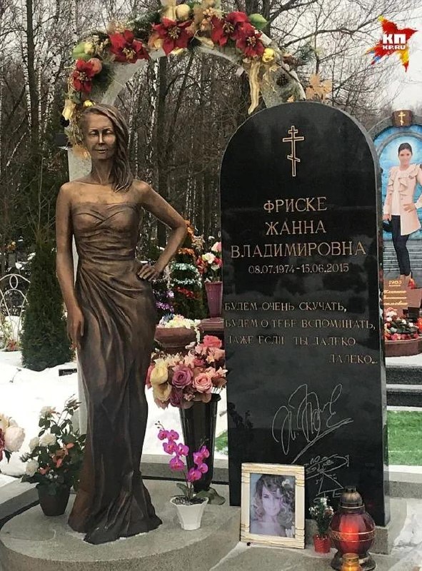 Фотография могилы с памятником и скульптурной фигурой женщины, возле надгробия лежат цветы и свечи, зимний пейзаж кладбища.
