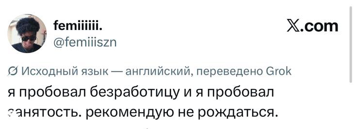 Скрин твита с короткой шуткой про безработицу и занятость: автор пишет, что пробовал и то, и другое, — чёрный текст на белом фоне.