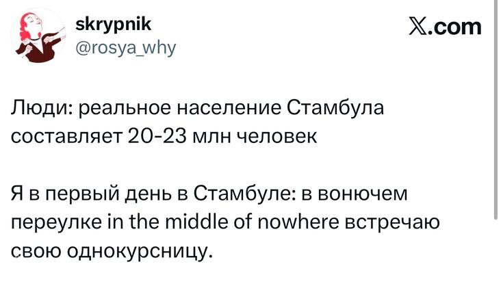 Скриншот твита о реальном населении Стамбула: автор делится наблюдением о встрече с однокурсницей в узком переулке, виден текст и ник.