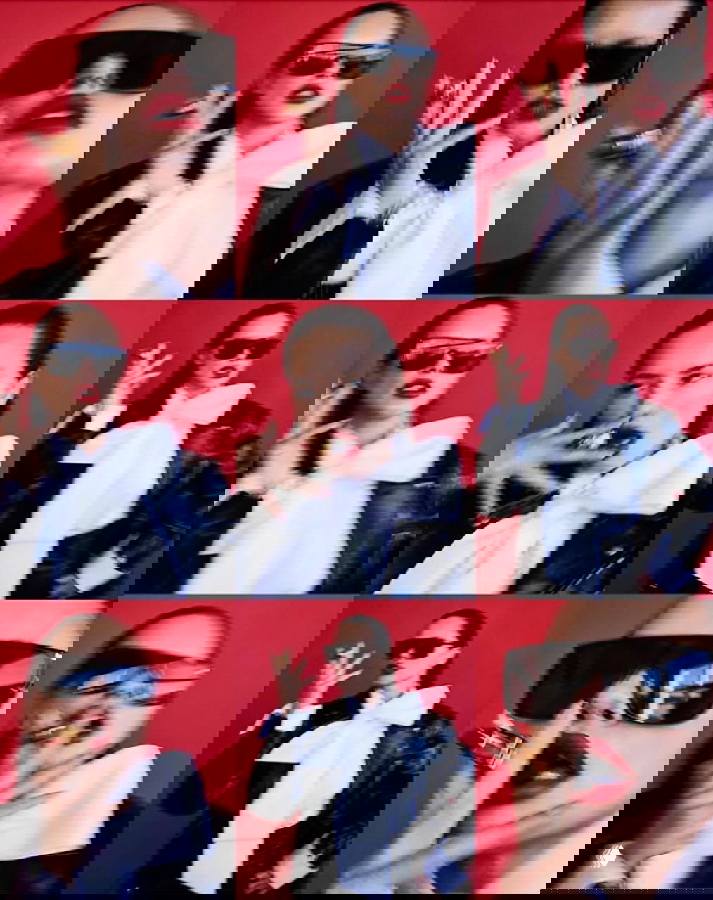 Коллаж кадров с Адрианой Лимой для Harper’s Bazaar: солнечные очки, большой белый бант, кожаная куртка и яркая красная помада в динамичных позах серийных кадров.