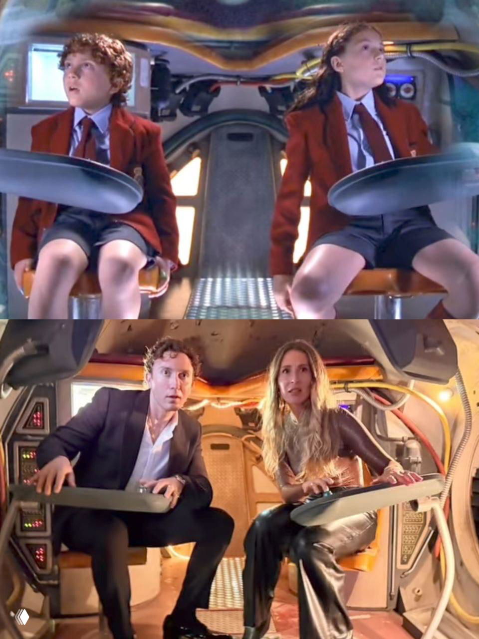 Коллаж: сверху кадр из фильма «Дети шпионов» с юными Кармен и Джуни, снизу — Пенавега и Сабара в кабине на мероприятии, ностальгический контраст.