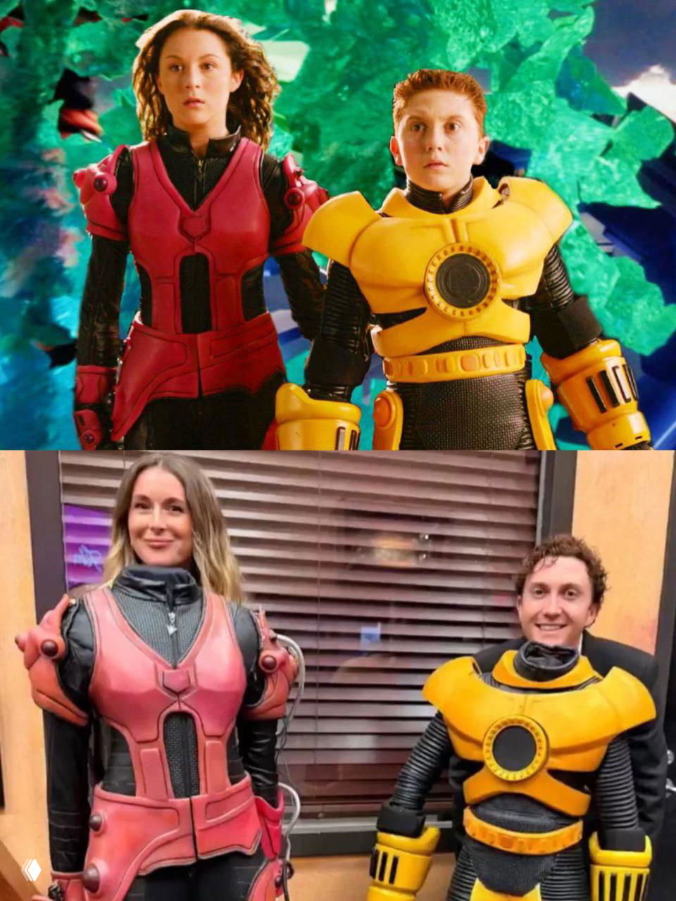 Кадр из фильма с Кармен и Джуни в ярких костюмах и фото взрослых актёров в похожих нарядах на церемонии — чествование юбилея фильма.