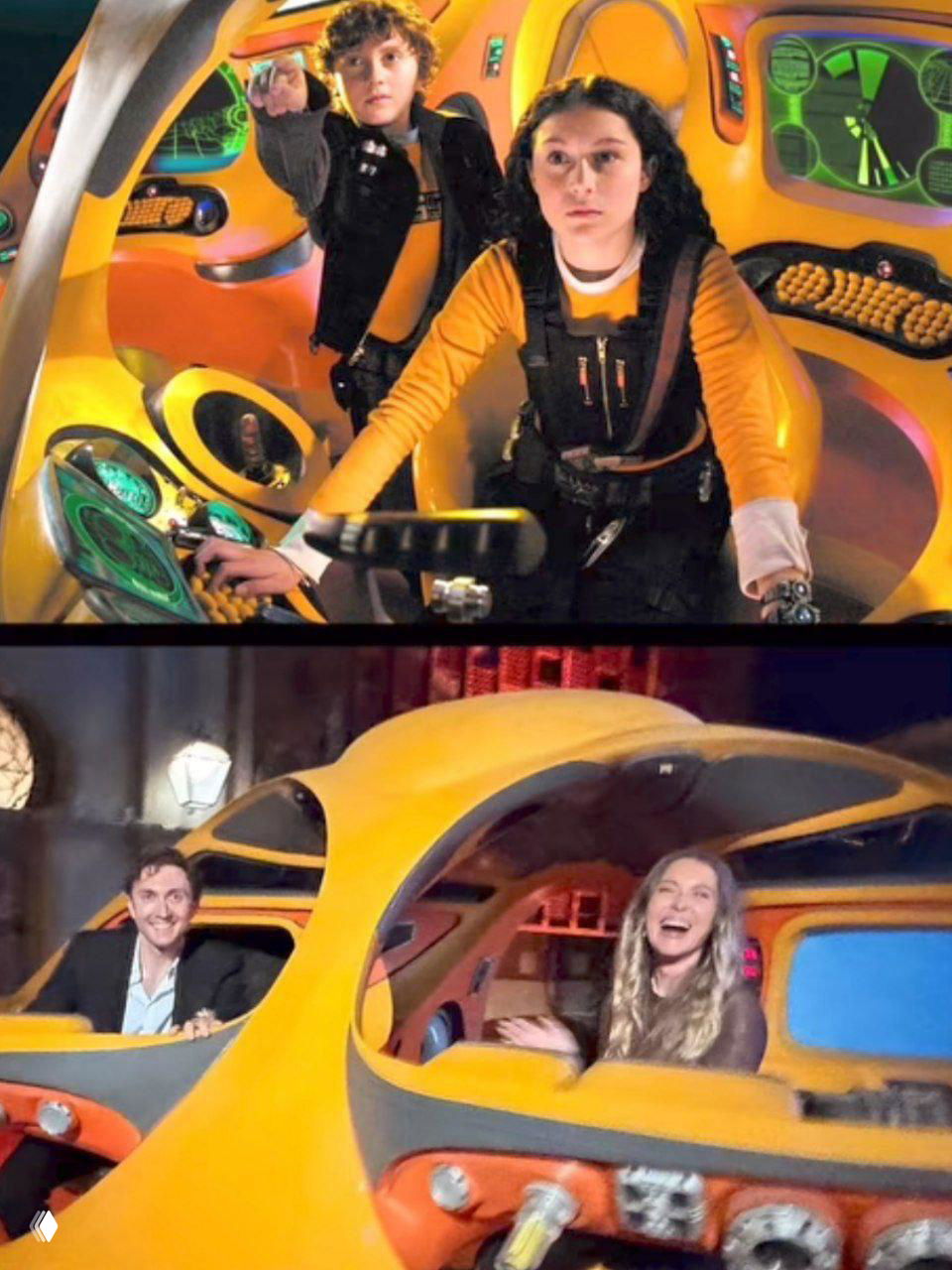 Коллаж сцен управления кораблём из «Дети шпионов» и Пенавега с Сабарой в кабине на церемонии, актёры улыбаются и позируют для фото.