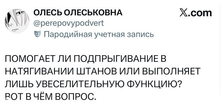 Скриншот твита‑пародии с вопросом о подпрыгивании при натягивании штанов: видим заглавные буквы, текст шутки и стандартное оформление X.