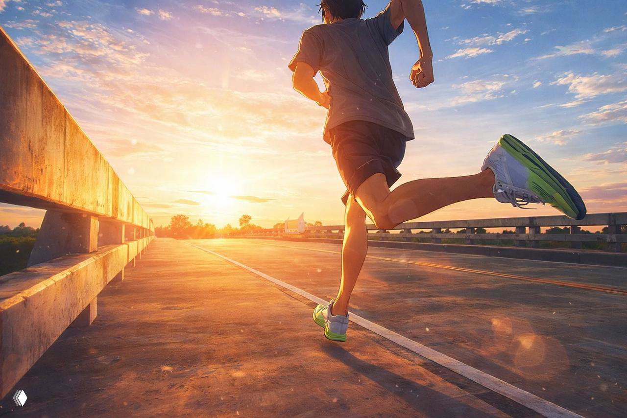 Бегун в кроссовках бежит по мосту на рассвете, солнце на горизонте; образ утренней тренировки и её пользы для здоровья.