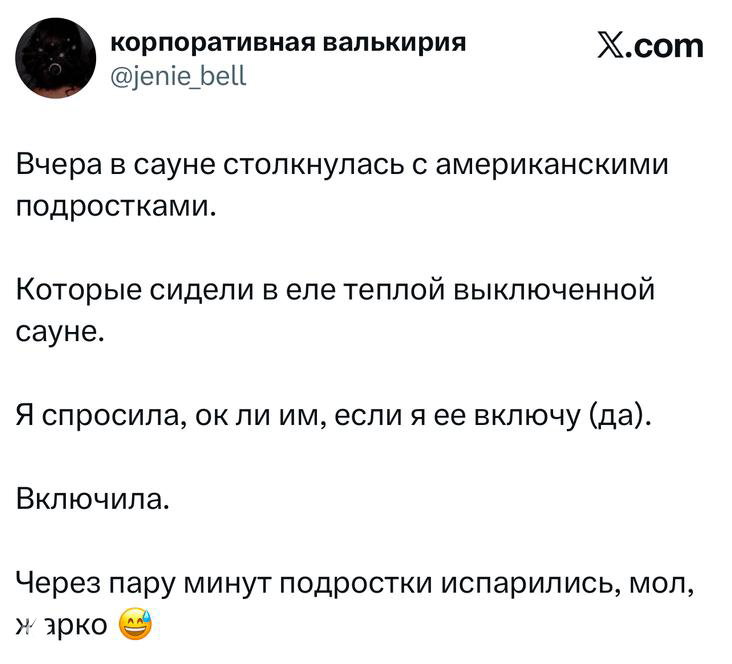Скриншот твита про сауну: короткий юмористический рассказ о встрече с американскими подростками и включённой сауне.