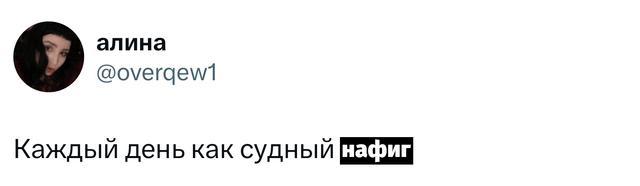 Скриншот короткого твита с ироничной фразой «Каждый день как судный» и вставкой нецензурного слова, передающим усталость.