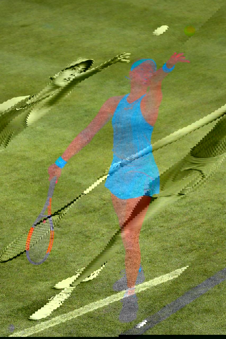 Теннисистка выполняет подачу на травяном корте: мяч в воздухе, ракетка в движении; спортивный динамичный кадр с акцентом на технику и концентрацию спортсменки.