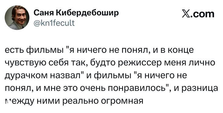 Скриншот твита о фильмах «я ничего не понял» — текст рассуждает о восприятии режиссёра и зрителя, белый фон и аватар.