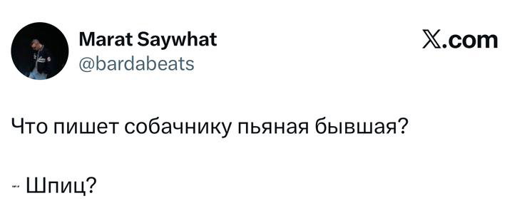 Скриншот короткого твита с шуткой-диалогом про то, что пишет пьяная бывшая — игра слов и лаконичное окончание для эффекта.