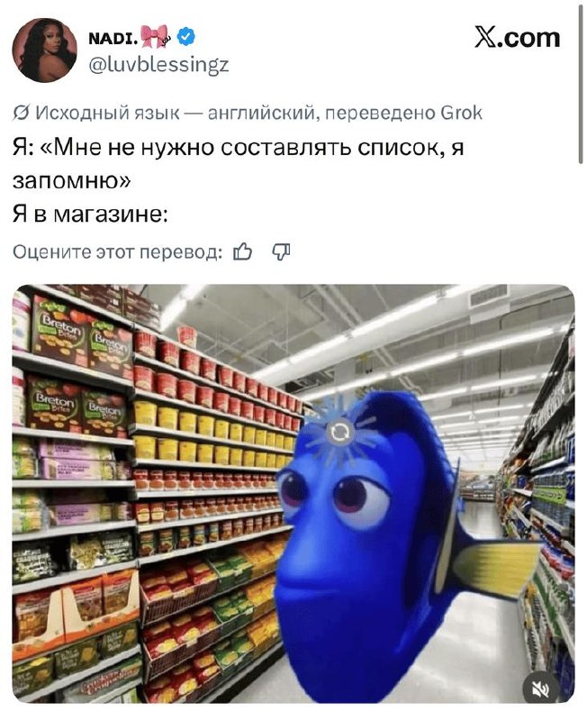 Мем с персонажем из мультфильма в супермаркете и подписью про то, как человек утверждал, что не будет составлять список покупок, но забывает всё в магазине.