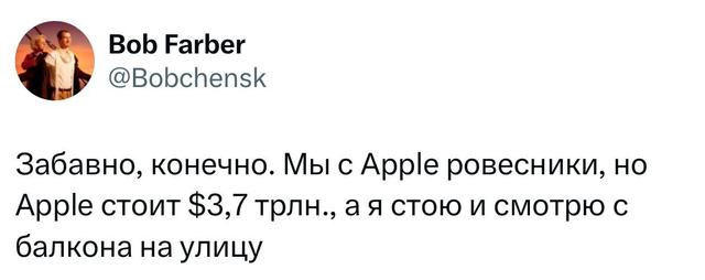 Скриншот твита с шутливым сравнением рыночной стоимости Apple и личного впечатления автора, поданным в ироничном экономическом ключе.