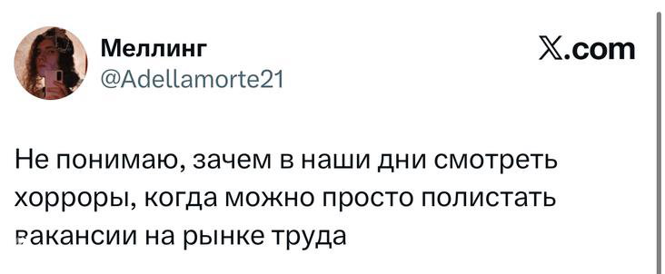 Скрин твита о бессмысленности просмотра хорроров в наши дни, с фразой про просмотр вакансий на рынке труда вместо страшилок.