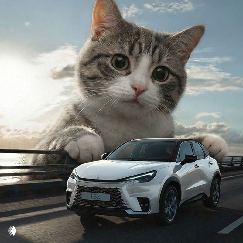 Белый кроссовер Lexus на дороге, на переднем плане кот выглядывает через перила, создавая ощущение гигантских питомцев в рекламной кампании.