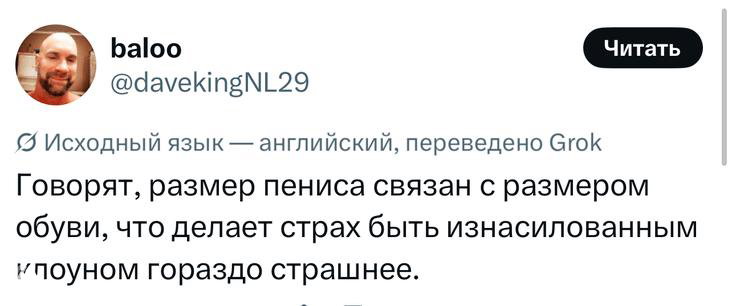 Скриншот твита с ироничным переводом: обсуждение связи размера пениса с размером обуви и комментарий о страхе, вызванном насильственными клоунами.