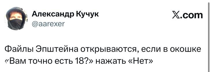 Скриншот твита с шуткой о том, что файлы Эпштейна открываются, если в окне подтверждения возраста нажать «Нет», короткая текстовая картинка.