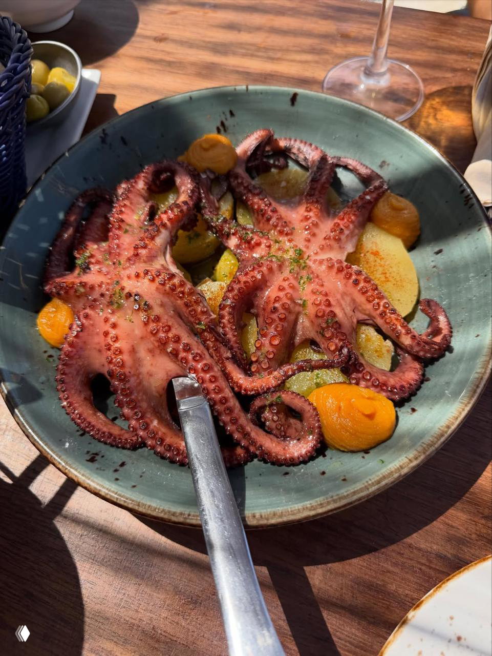 Тарелка с приготовленным осьминогом, картофелем и яркими соусами на деревянном столе — вид сверху в ресторане у моря