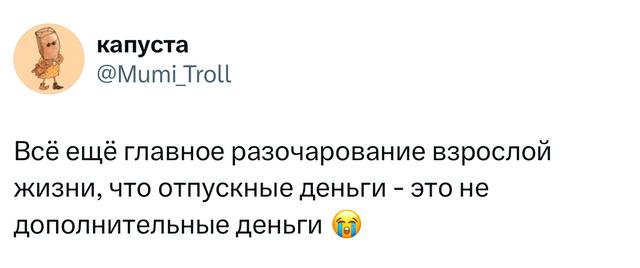 Скриншот твита с текстом о разочаровании взрослой жизни, что отпускные деньги не являются дополнительными — минималистичный текстовый скрин.