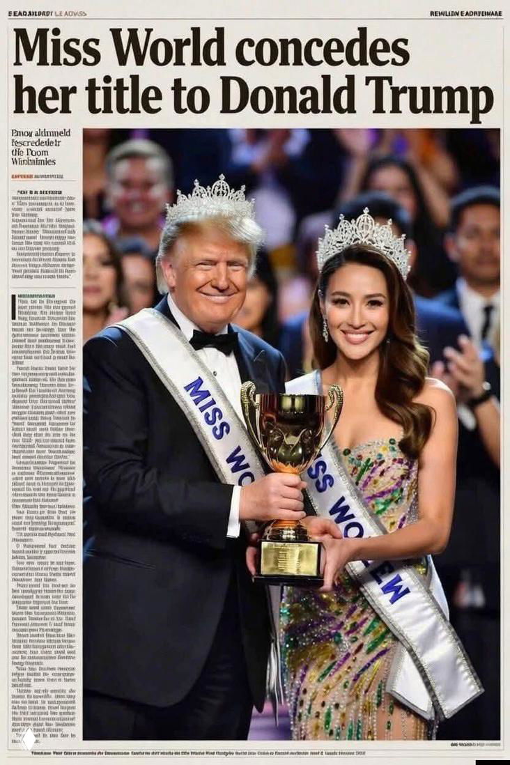 Газетная страница с фотографией вручения кубка и лентой конкурса красоты — монтированная обложка, использованная как мем о присвоении титула.