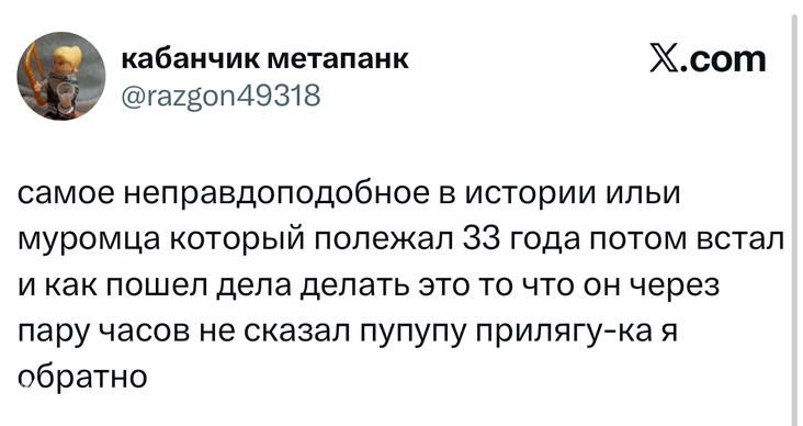 Скриншот твита с абсурдным рассказом про Муромца и 33 года, видны текст, аватар автора и знак X.com в правом верхнем углу.