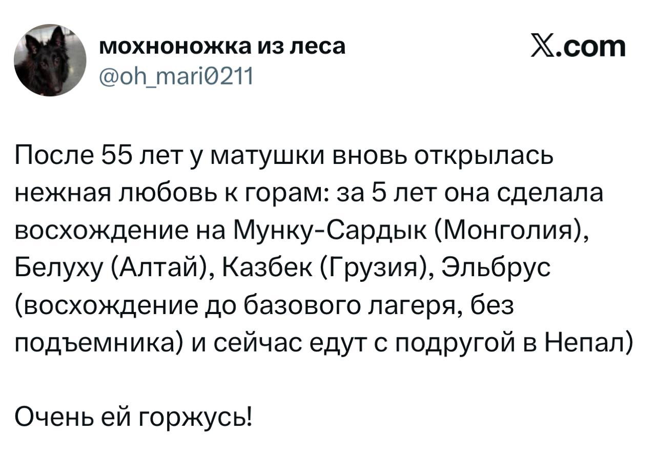Скриншот твита пользователя о том, как после 55 лет у мамы открылась любовь к горам и она совершила восхождения на разные вершины.