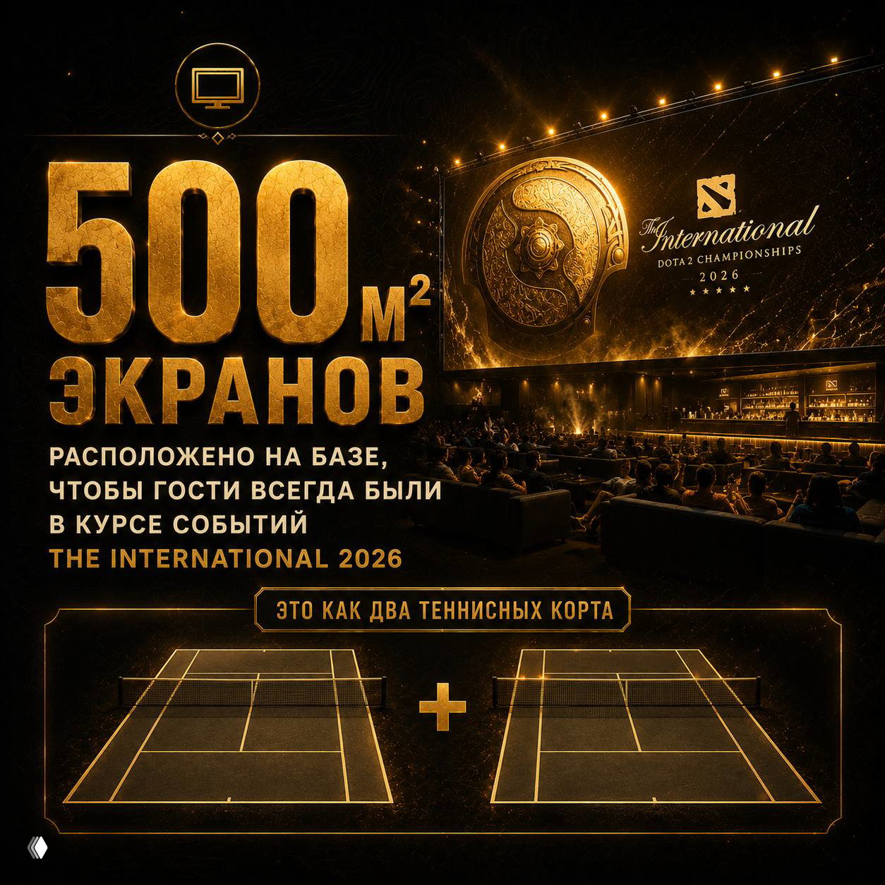 Золотая инфографика о экранах: надпись «500 м² экранов», изображение зала с большой трансляцией и схемы, сравнение с теннисными кортами.