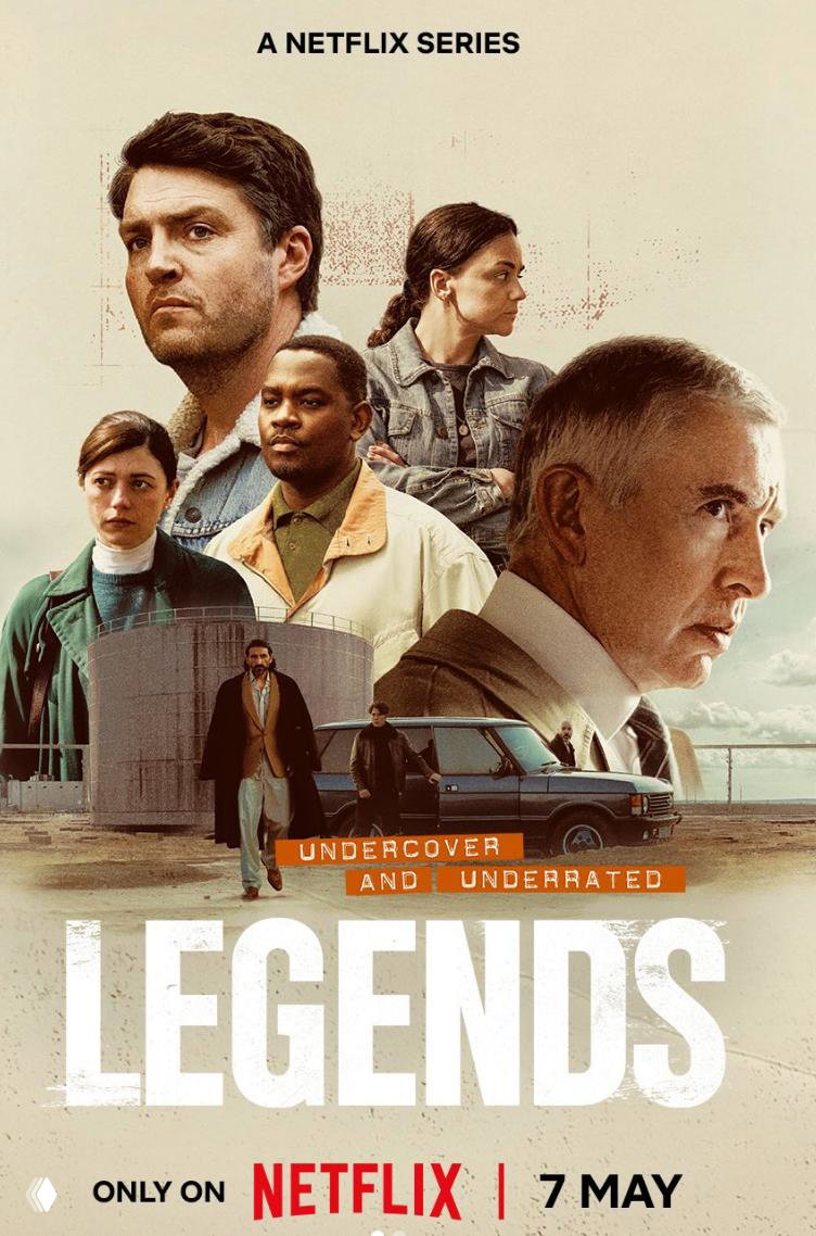 Плакат мини‑сериала «Легенды»: ансамбль актёров на светлом фоне, ощущение шпионажа и подпольной работы, указана дата выхода на Netflix.