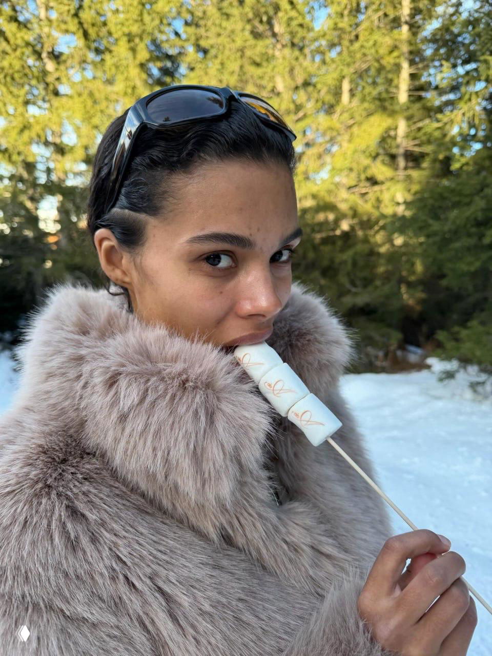 Портрет женщины в меховой куртке на фоне заснеженного леса; она держит на палочке маршмеллоу, кадр с зимней прогулки в горах.