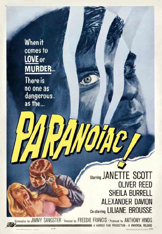 Постер фильма «Paranoiac» (1963) с крупным изображением глаза и драматической композицией, передающей напряжённую атмосферу психологического хоррора.