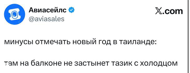 Скриншот твита Aviasales с шутливым списком минусов празднования Нового года в Таиланде, видно логотип Aviasales и X.com.
