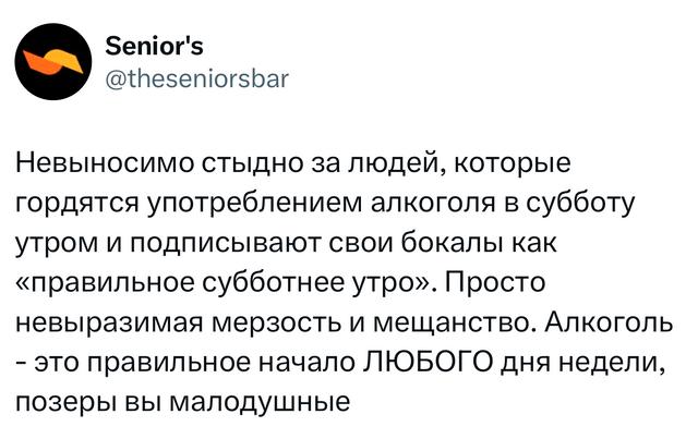 Скрин твита с рассуждением о «правильном субботнем утре» и употреблении алкоголя; текст на белом фоне твиттера с аватаром пользователя.