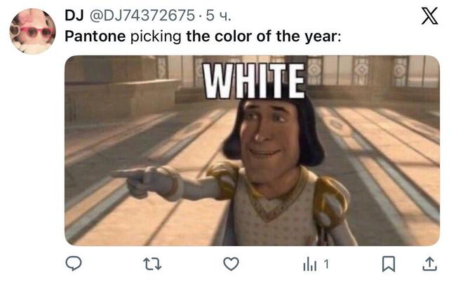 Мем-изображение с подписью 'WHITE' в ответ на объявление Pantone — юмористическая реакция пользователей на выбор цвета года.