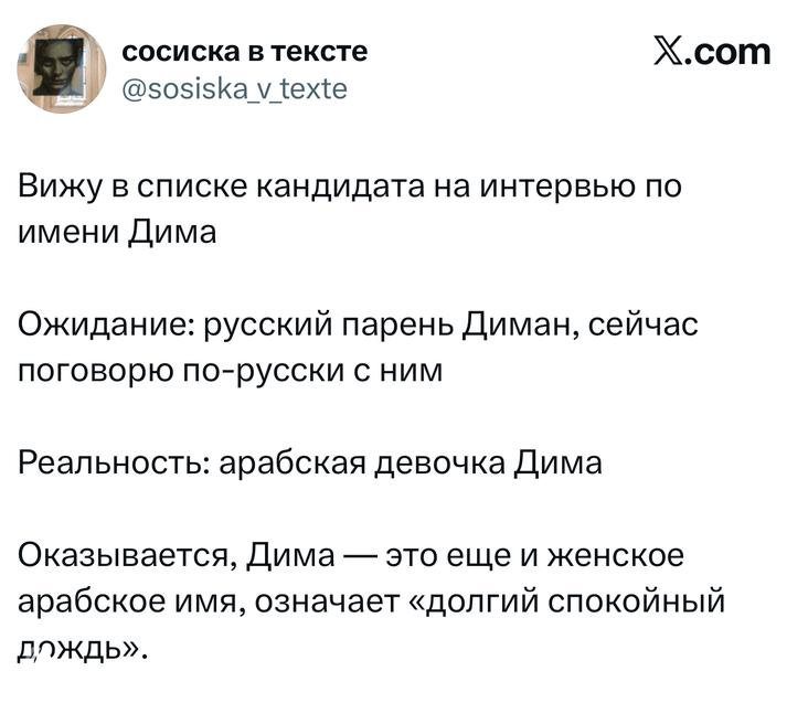 Скрин твита про имя Дима: ожидание и реальность — шутка про арабское женское имя «Дима» и его значение, короткий текстовый мем.