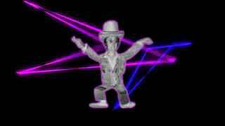 Анимационное изображение танцующего персонажа в шляпе на чёрном фоне с неоновыми пурпурно-голубыми линиями, стилизовано под слёрмкор и музыкальную эстетику.