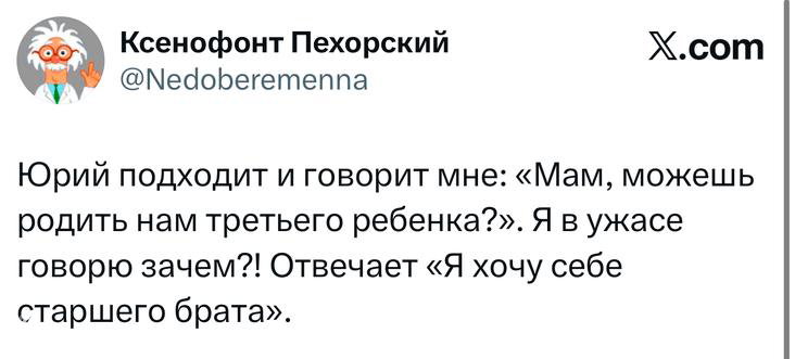 Скриншот твита с короткой шуткой: мама просит родить третьего ребенка, автор в ужасе, ответ ребёнка «Я хочу себе старшего брата», юмор семейной тематики.