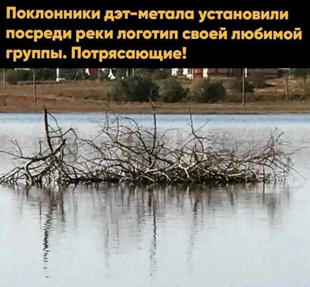 Фотография реки с корягами и подписью про логотип группы дат-метала, ироничный мем о фанатских инсталляциях в природе.