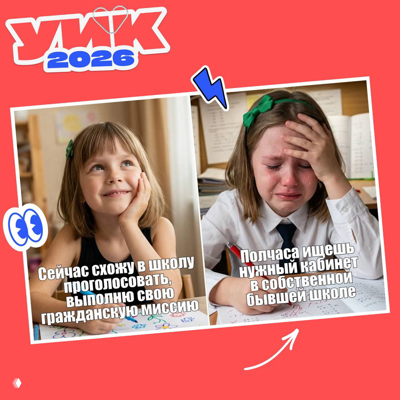 Коллаж из двух фотографий школьницы: радостная и плачущая; подписи про гражданскую миссию и поиск кабинета в собственной бывшей школе перед голосованием.