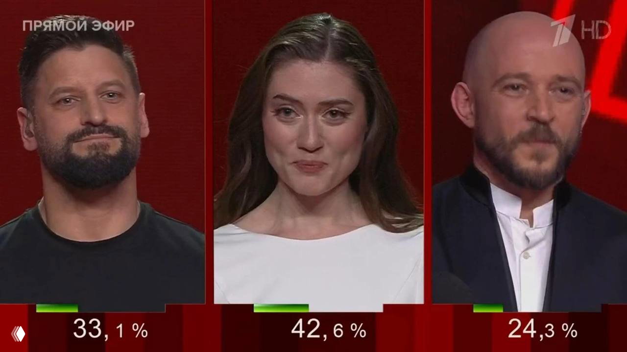 Три кадра в финальном эфире шоу: центральная исполнительница и двое соперников на красном фоне с процентами голосов внизу